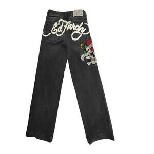 Ed Hardy Women's Size 24 Love Kills Slowly Embroidered Wide Leg Jeans in Faded B